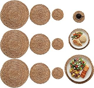 12 Pcs Round Straw Woven Table Placemats Set, 4" Absorbent Drink Coasters, 7" Heat Resistant Boho Farmhouse Trivets for Ho...